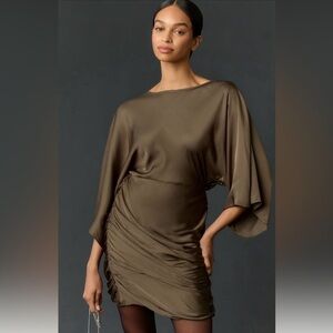 By Anthropologie Satin Ruched Open-Back Mini Dress